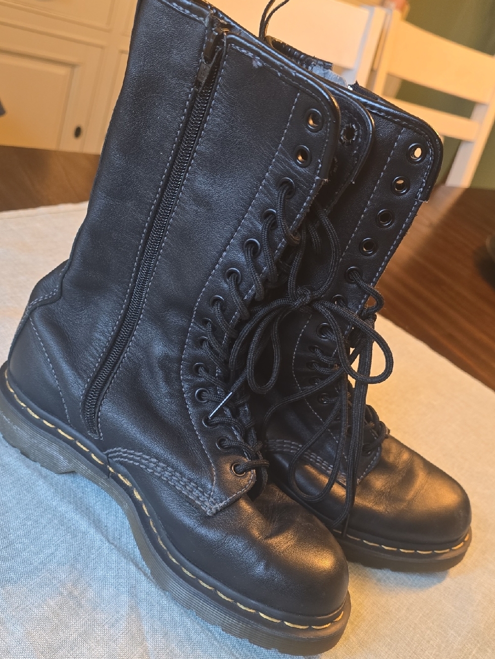 Dr. Martens Black Leather Combat Boots with Yellow Stitching